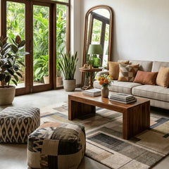 Modern living room with a sofa, coffee table, and decorative items.