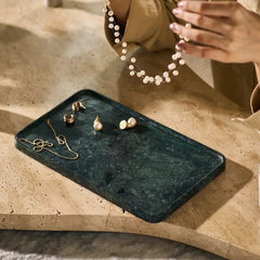Focal Tray - Large - Dark Green Marble Tray with Earrings and Pearl Necklace