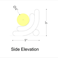 Side elevation diagram of a modern abstract sculptural side table or stool, showing a white curved geometric base with a round yellow seat pad, labeled with dimensions of 9 inches by 9 inches and a 4-inch diameter circle.