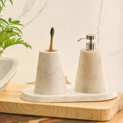 Neo White Dispenser Set - Reverse Angle with Toothbrush Beside Basin and Plant