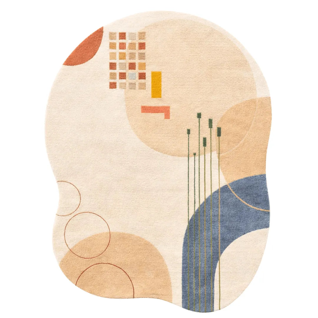 Geometric patterned rug with abstract shapes on a white background
