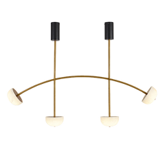 A gold-colored chandelier with a curved structure featuring four light fixtures, each topped with a white alabaster-like material.