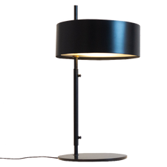 A modern Svelte Scandi Table Lamp  with a black shade and base, featuring a slender stem and a circular mounting base.