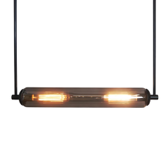 A ceiling-mounted fluted glass light fixture with two bulb holders, suspended by wires from the ceiling. The fixture is in a black finish with a textured matte appearance.