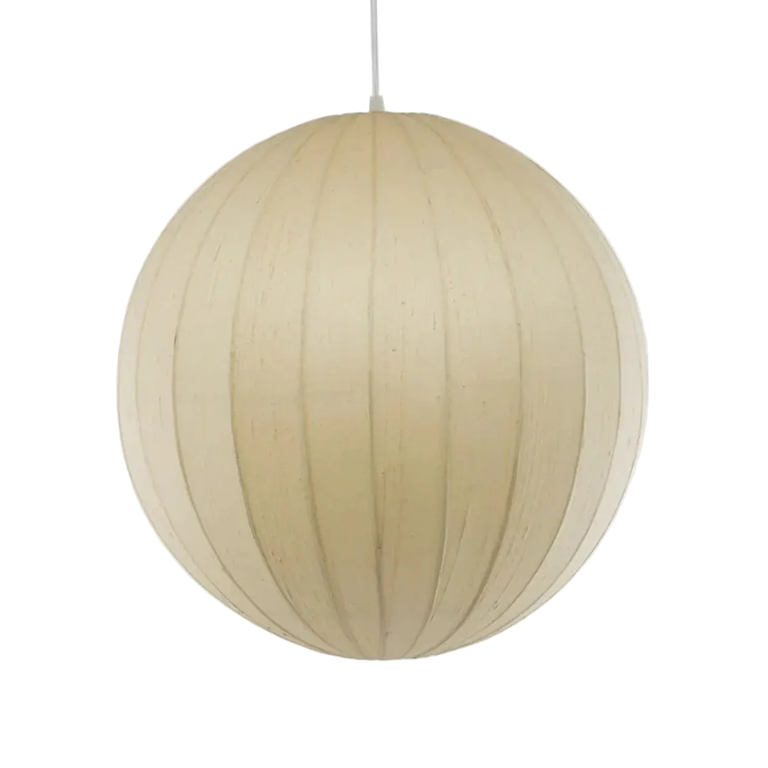 Iris Timeless Raw Silk Pendant Lamp, Spherical shape and beige color pendant lamp on a white background
