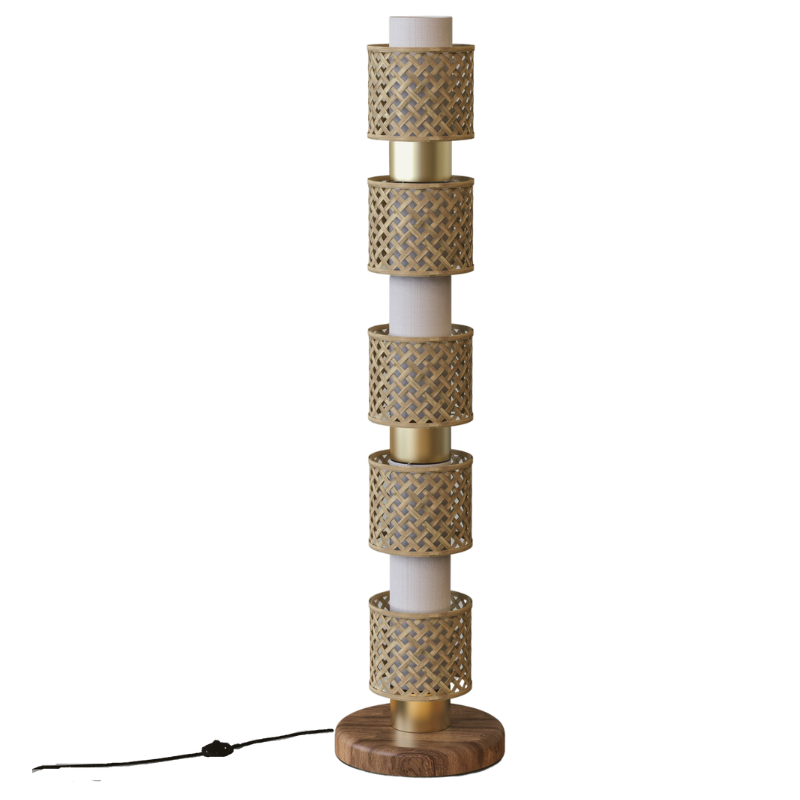 A floor lamp with a bamboo shade, brass finish on the upper part, and a wooden base.