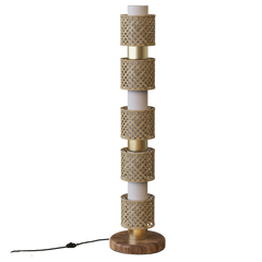 A floor lamp with a bamboo shade, brass finish on the upper part, and a wooden base.