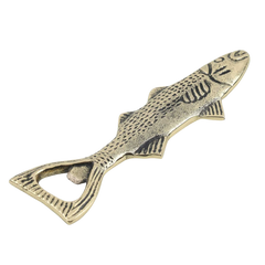 Fish-shaped bottle opener made of brass in gold color