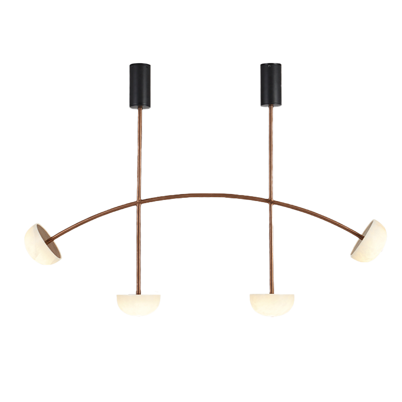 A rose gold chandelier with a curved structure featuring 4 light fixtures, each with a white alabaster-like diffuser.