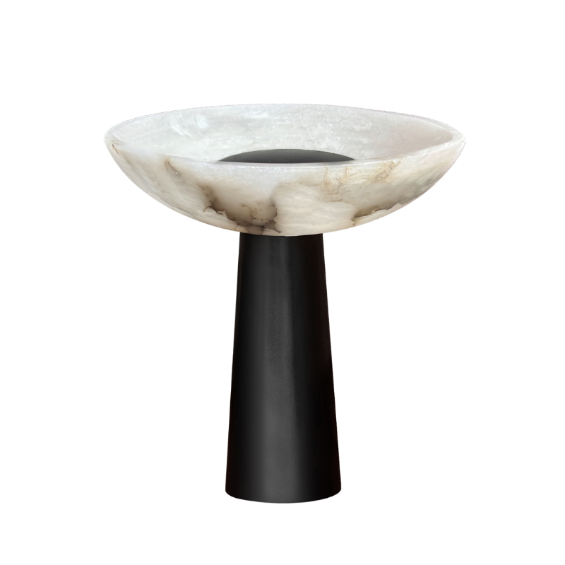 White Alabaster Stone and Matte Black Stainless Steel Table Lamp