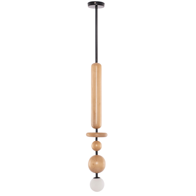 A contemporary style pendant lamp with pinewood modules and black powder coated metal rods, displaying a warm glow.