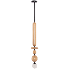 A contemporary style pendant lamp with pinewood modules and black powder coated metal rods, displaying a warm glow.