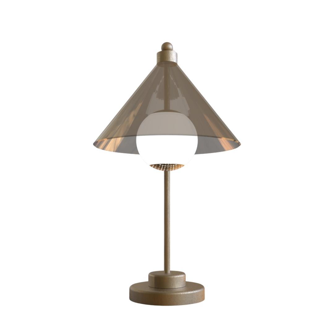 Conical Table lamp with a cone-shaped glass shade on a white background