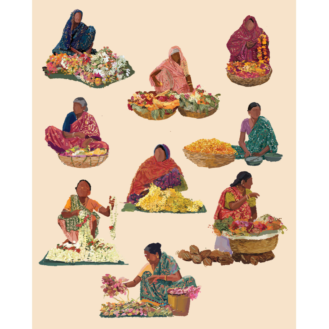 A collection of colorful illustrations depicting various scenes of women in traditional attire engaging in different activities, such as selling flowers and spices, and tending to livestock.