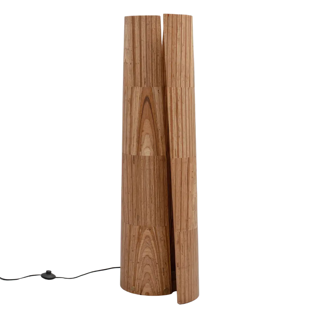 Slice Floor Lamp full view showing its stacked reclaimed-plywood split form
