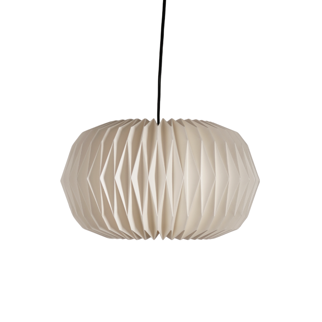 A white origami-style pendant lamp with a conical shape made of paper, suspended by a cable.