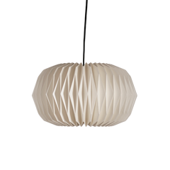 A white origami-style pendant lamp with a conical shape made of paper, suspended by a cable.