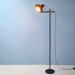 Scandinavian black floor lamp styled in a minimalist living room
with a glowing light bulb