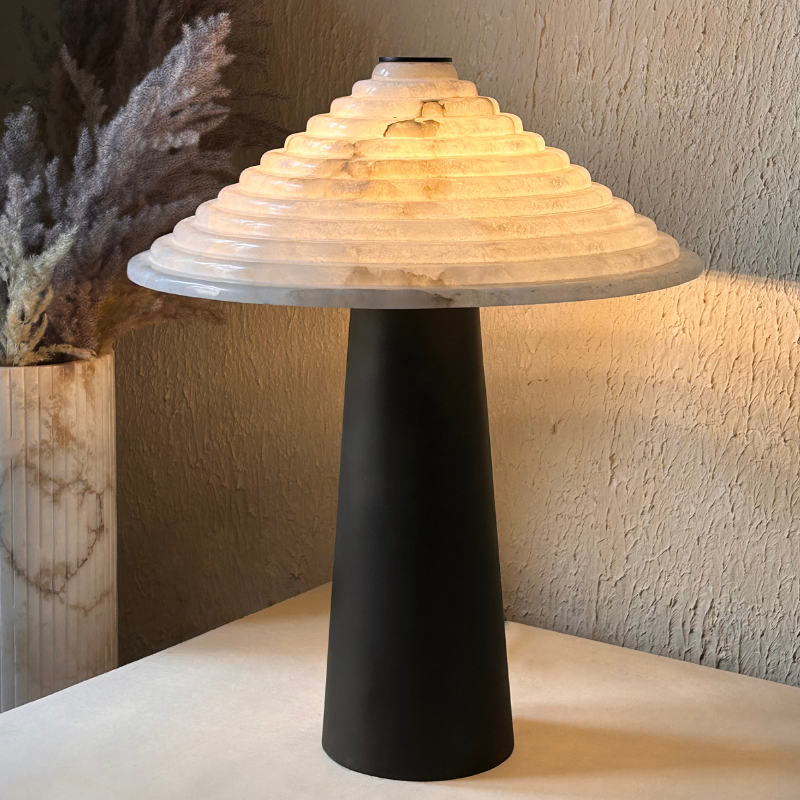 Premium Black & White Alabaster Stone Table Lamp on Bedside Table