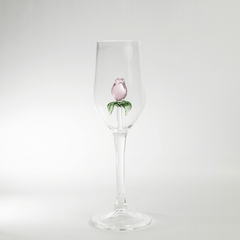 Champagne Flutes Glass, clear glass with pink rose and green leaves in middle of glass
