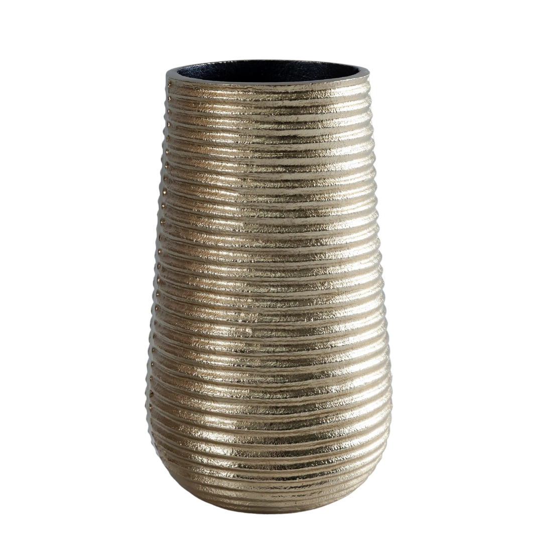 A cylindrical Bhrama Vase with a gold finish and textured lines, suitable for holding flowers.