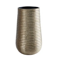 A cylindrical Bhrama Vase with a gold finish and textured lines, suitable for holding flowers.