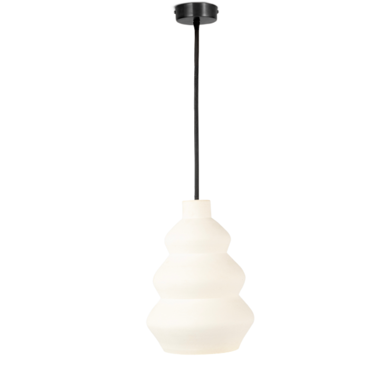 A terracotta-colored pendant lamp with a powder-coated steel frame and a white-coated glass diffuser.