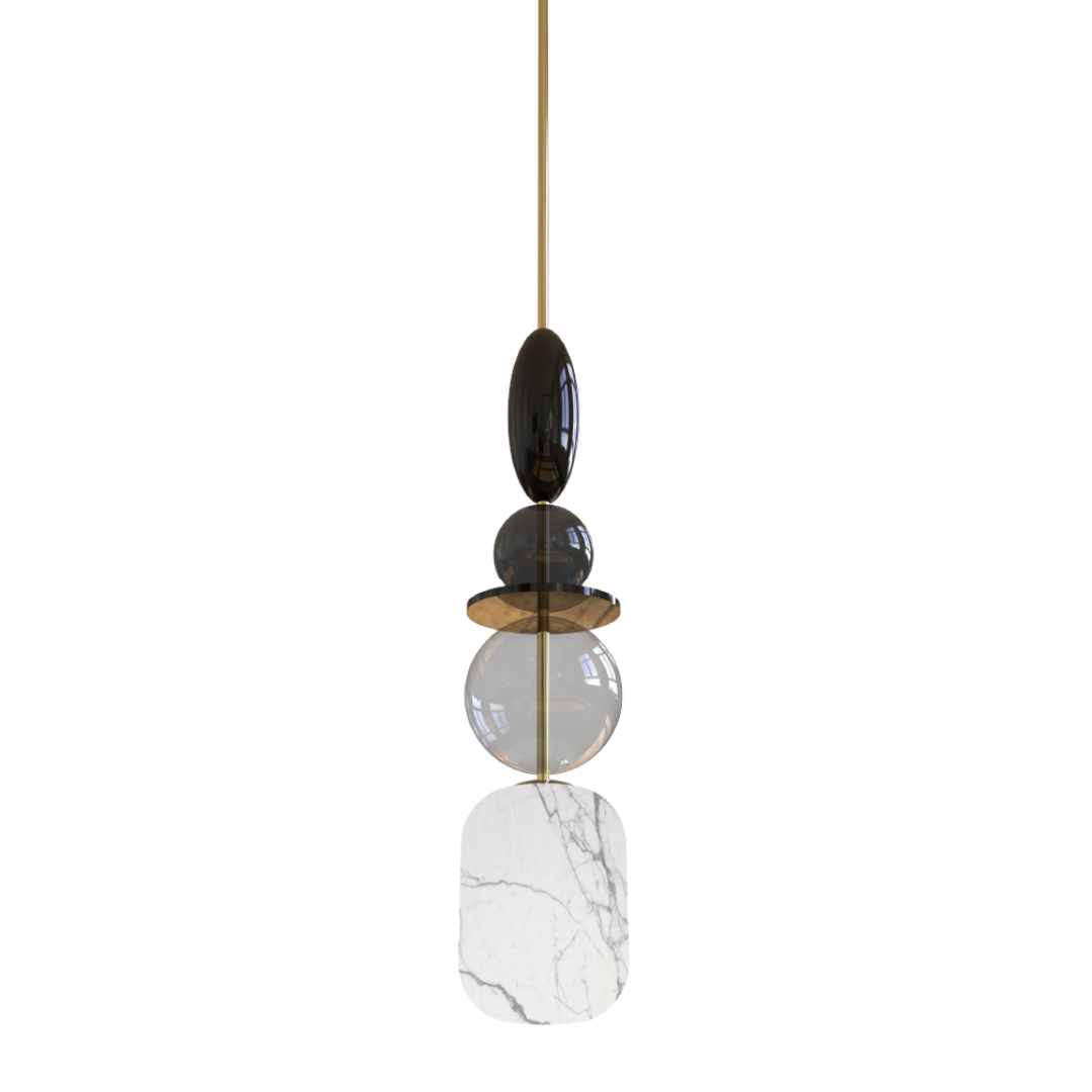 A pendant light fixture with a metal frame and glass globe components, featuring a mix of modern and traditional elements.