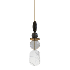 A pendant light fixture with a metal frame and glass globe components, featuring a mix of modern and traditional elements.