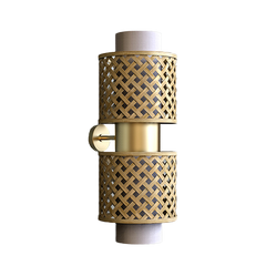 A modern bamboo wall lamp with geometric patterns, featuring a brass finished steel and black matte finish components, with LED bulbs.