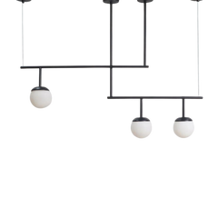 A modern minimalist chandelier with a black metal structure and frosted glass shades.