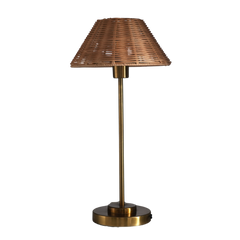 Natural Cane Table Lamp with wicker shade and brass base on a white background