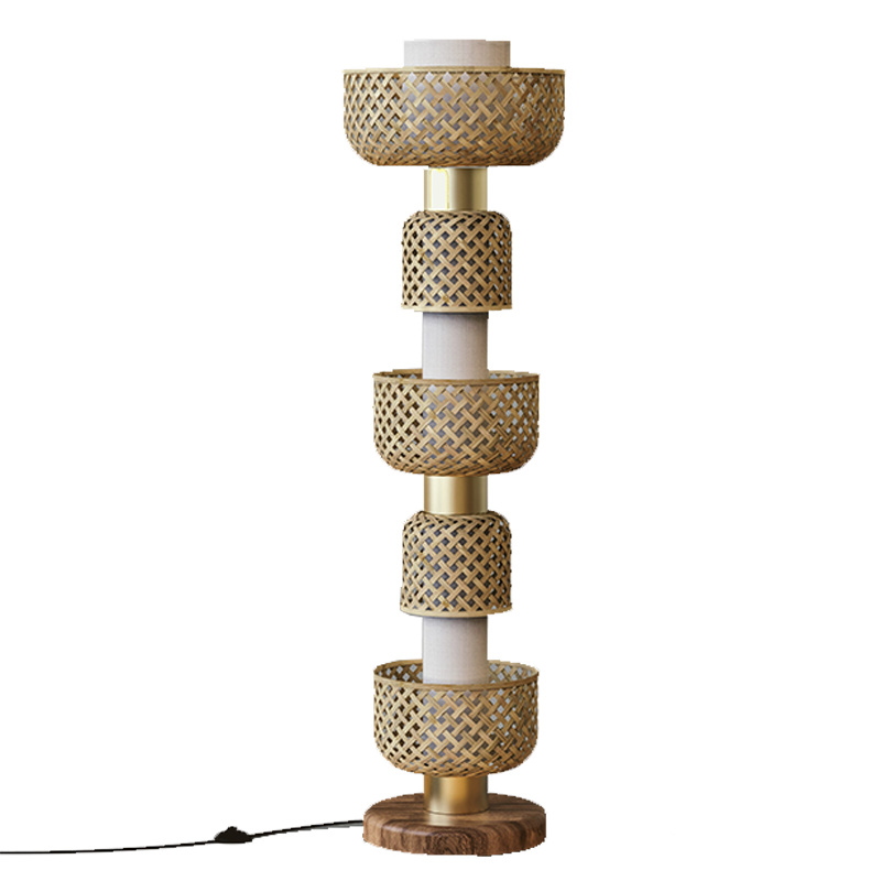 Metamorphosis floor lamp with a bamboo shade, brass finish on the linear modules, and a wood base.