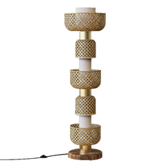 Metamorphosis floor lamp with a bamboo shade, brass finish on the linear modules, and a wood base.