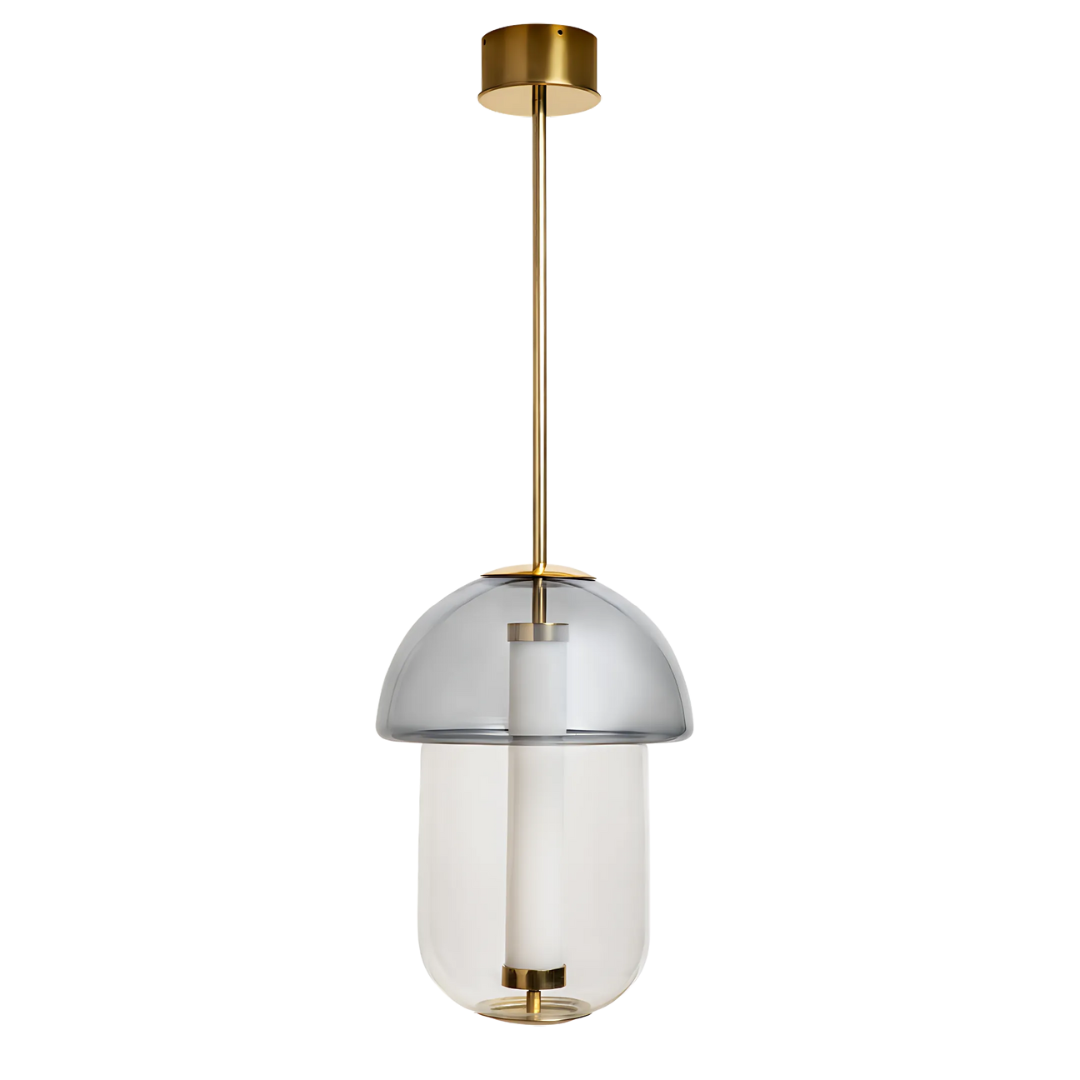 A pendant capsule hanging light with a metallic frame and glass cover.