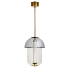 A pendant capsule hanging light with a metallic frame and glass cover.