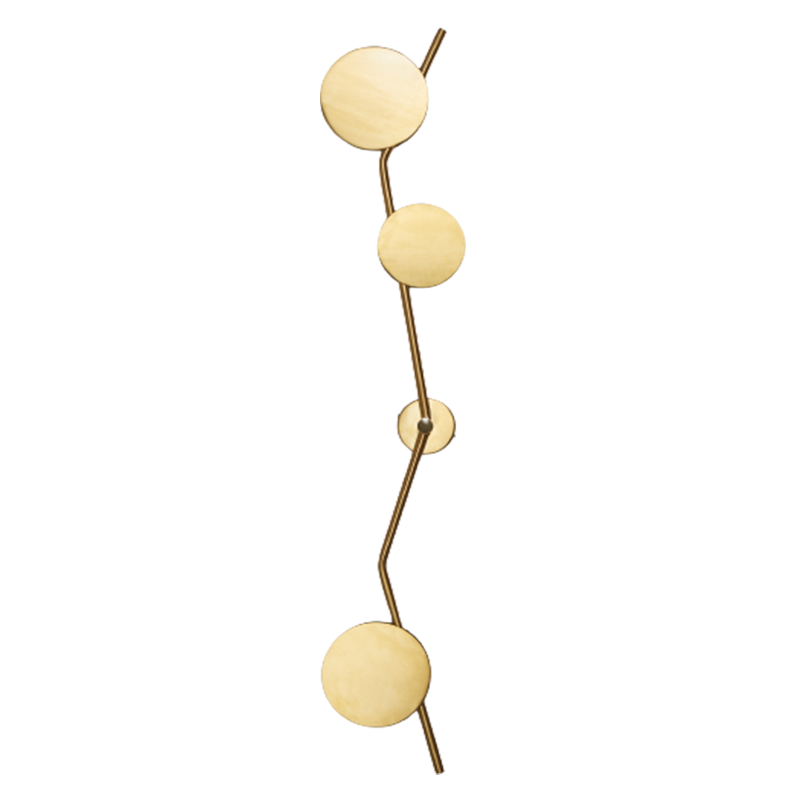 A wall-mounted lamp with a contemporary design featuring a series of circular elements in gold color.