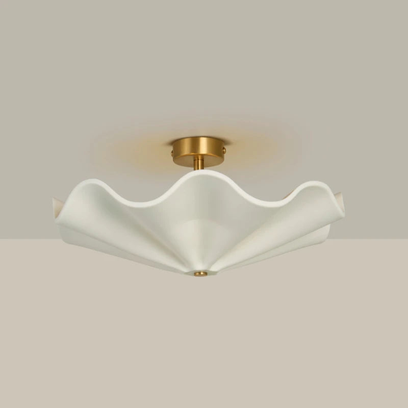 Camellia Ceiling Light, white ceramic wavy shade with brass canopy, side view