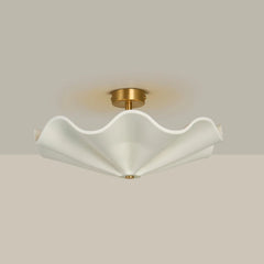 Camellia Ceiling Light, white ceramic wavy shade with brass canopy, side view