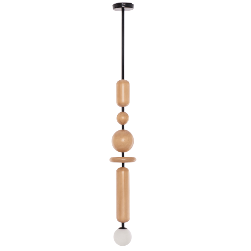 Dash & Dot I Minimalist Pendant Light with wooden modules and black metal rod, suspended from the ceiling 