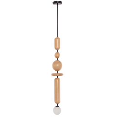 Dash & Dot I Minimalist Pendant Light with wooden modules and black metal rod, suspended from the ceiling 