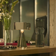 TLI gift hamper, a modern metallic portable table lamp with ribbed Glass Carafe 