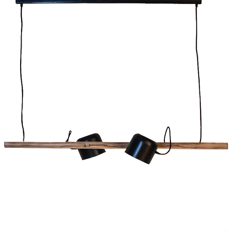 A wall-mounted linear wooden light with two matte black iron lampshades on either side
