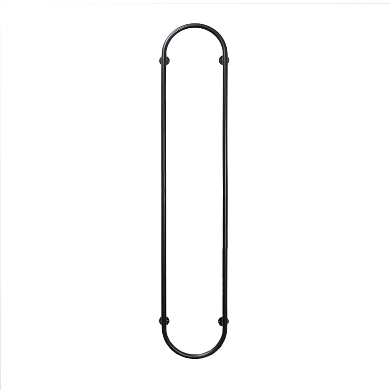 A sleek black LED wall lamp with a minimalist design and curved pipes, emitting a soft glow.