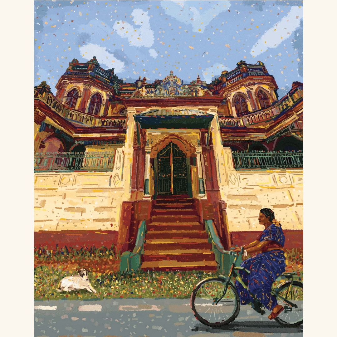 Woman on a bicycle in front of an ornate building with a blue sky and a dog sitting on grass
