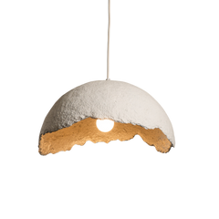 A white paper mache pendant lamp with a minimalistic design, hanging by a metallic canopy.