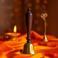 Gold bell with wooden handle on an orange cloth with blurred candle and decorative item in the background.