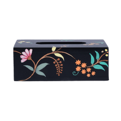A rectangular Black Beauty Tissue Box holder with hand-painted floral design.
