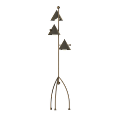 3 Module Pan floor lamp with a brass base, leather accents, and glass globe light shades.