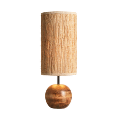 Jute Table lamp with a textured beige shade and wooden base on a white background